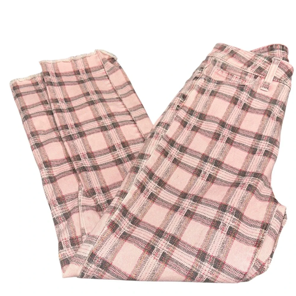 Paige Hoxton Slim Pink Plaid Jeans Raw Hem Stretch Women's 28‎